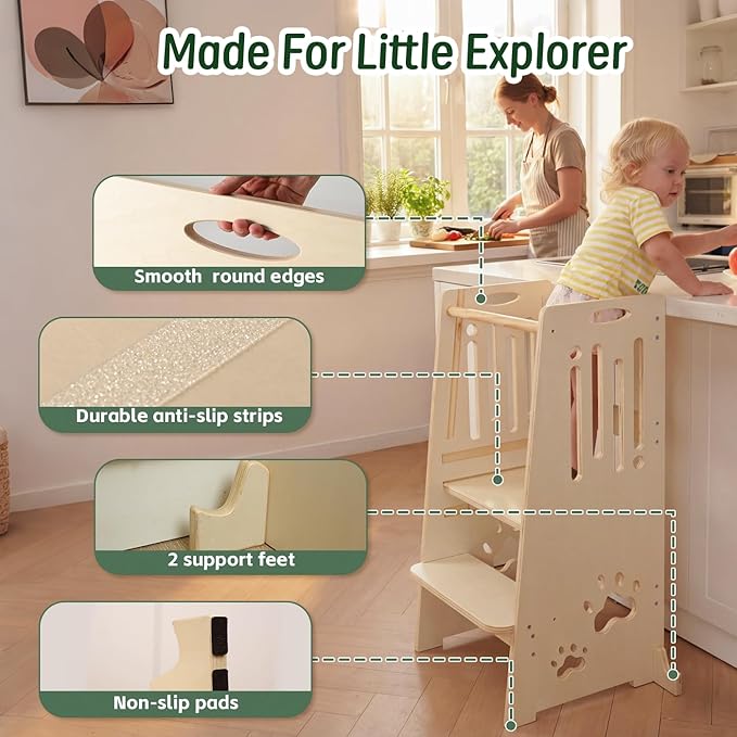 Toddler Tower,Height-Adjustable Step Stool with Sliding Safety Door,Easy to Adjust Height,Suitable for Kids from 18 Months to 5 Years Old,Anti-tilt Kitchen Step Stool with Safety Feet-Natural