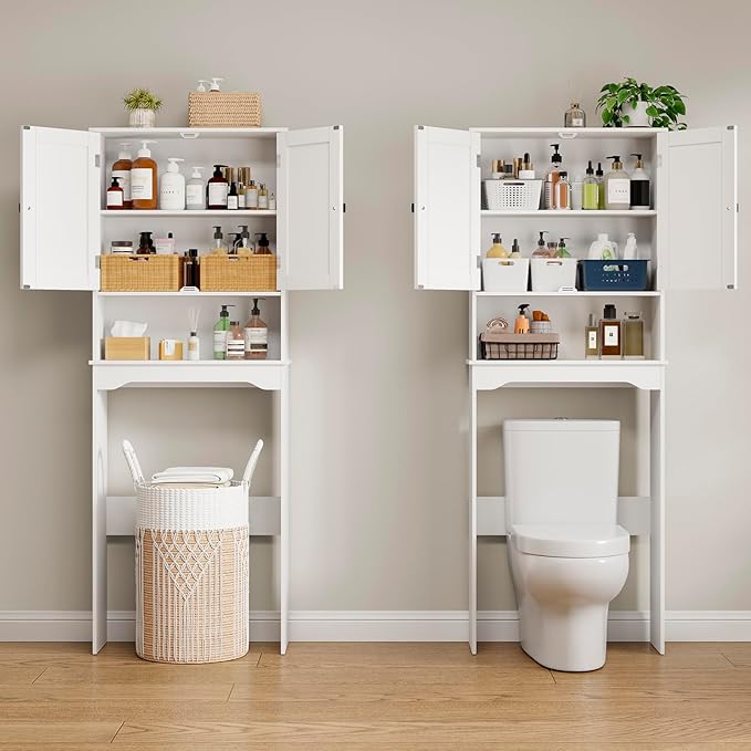 RRX Over The Toilet Storage Cabinet,Bathroom Above Toilet Cabinets Organizer, 24.8" L x 9.1 "W x 65.7 "H Free Standing Toilet Rack with Adjustable Shelf and Open Storage,Double Doors(Pure White)