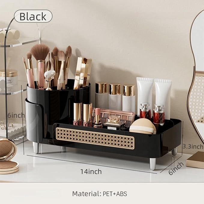 Booklov Rotating Makeup Caddy Organizer for Vanity, Large Capacity Cosmetic Display Case, Countertop Beauty Storage Holder for Skincare, Brush Eyeliner Lipstick, Counter Table Organization, Black