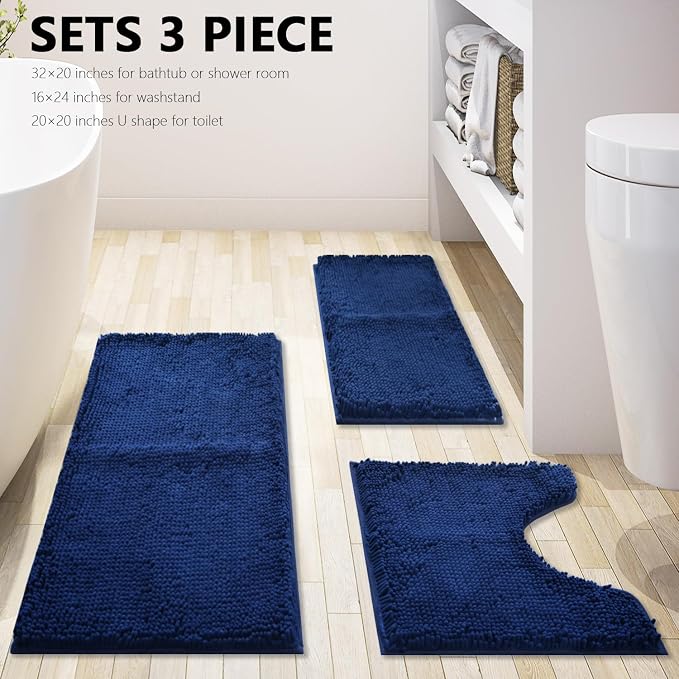Bathroom Rugs Chenille 3-Piece Extra Soft and Absorbent Shag Bathroom Rugs, Machine Wash Mat, Strong PVC Non-Slip Underside, Plush Carpet Mats (Navy Blue)