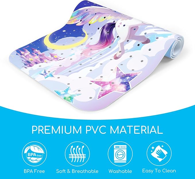 Baby Bath Mat for Tub, Non Slip Kids Bath Shower Mat, 40 X 16 Inch Large Bathtub Mat with Drain Holes and Suction Cups for Toddlers, Machine Washable and Waterproof (Unicorn)