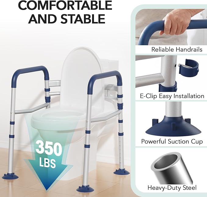 HOMENURSE Toilet Safety Rails for Seniors (350 lb), Adjustable Height & Width Toilet Safety Frame for Elderly, Disabled, Foldable Handicap Toilet Handles with Suction Cups, Fits Most Toilets