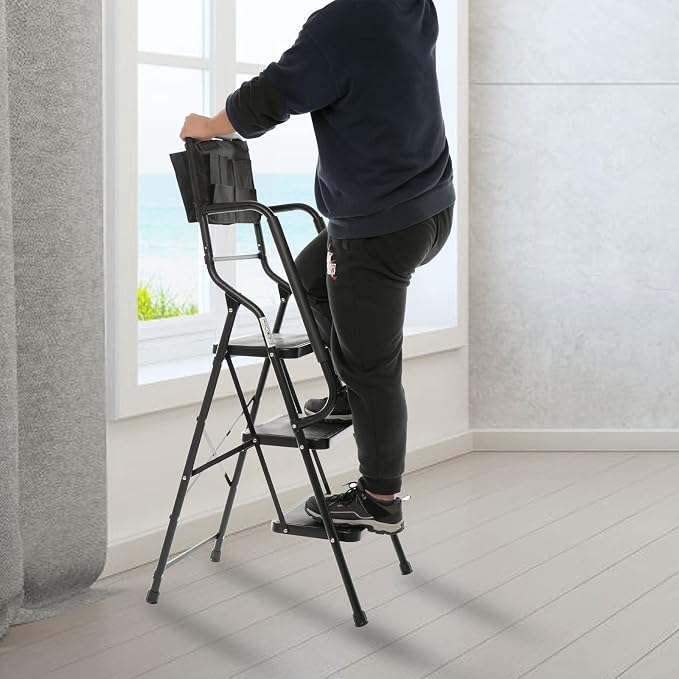 Wiberwi 3 Step Ladder with Handrails 500 lb Capacity Step Stool Folding Portable Ladders for Home Kitchen Steel Frame with Non-Slip Wide Pedal Stepladder with Attachable Tool Bag Black
