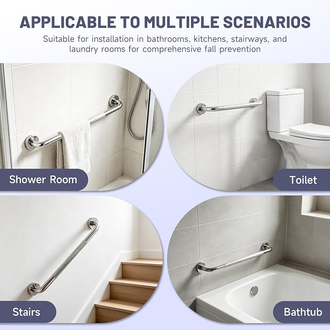 24 Inch Shower Grab Bar, Brushed Nickel Anti Slip Safety Bars, 304 Stainless Steel Bathroom Handrail, Handicap Grab Bars for Wall, Shower Grip Handle for Seniors Elderly Injury Assist Bath (1.25" Dia)