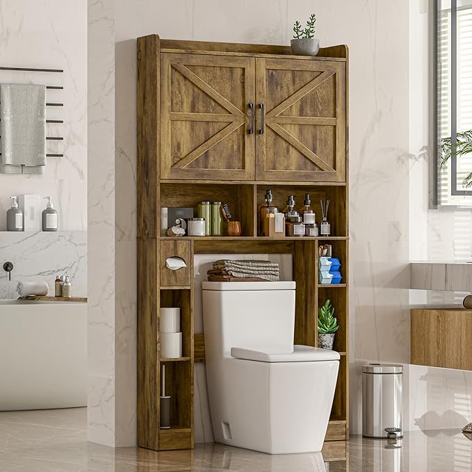 Over The Toilet Storage Cabinet, Farmhouse Toilet Cabinet Rack with Barn Doors, Space Saving Bathroom Organizer with Shelves, Toilet Paper Holder and Towel Rack for Bathroom,Restroom,Laundry, Brown