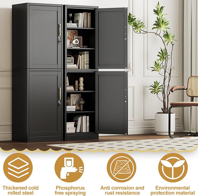 Tall Narrow Slim Metal Storage Cabinet with Lock 2 Doors and Shelves,Steel File Cabinets,Kitchen Pantry Cabinet Locker Organizer - 67" Locker Storage Cabinets for Bathroom,Bedroom,Office,Black