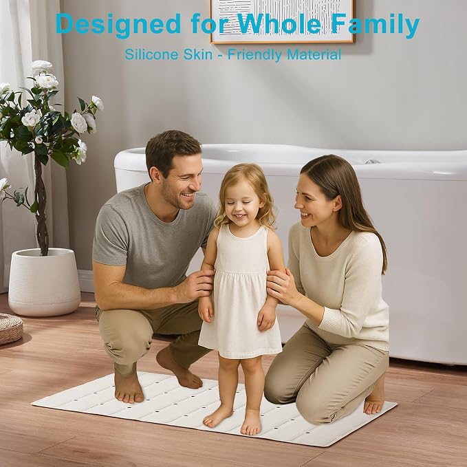 Webos Non-Slip Bath Mat for Tub & Shower：Silicone Foldable Bathtub Mat with Strong Suction Cups, Quick Drain Holes, Machine Washable Extra Large Bathroom Mats 35.8" x 17.7", Beige