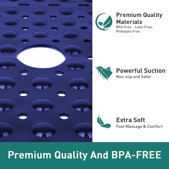 Large Square Shower Mat 27 x 27 Inch Navy Blue, Non Slip Shower Bathtub Mats for Inside Shower with Big Suction Cups Drain Holes, Anti Slip Bathroom Floor Stall Mats, Easy Clean, BPA-Free