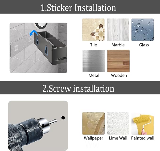 Shower Caddy, 2-Pack Shower Shelf, Heavy-Duty Bathroom Storage Shelf, Large Capacity No-Drill Bathroom Organizer, Gray Metal Storage Basket, Adhesive Installation