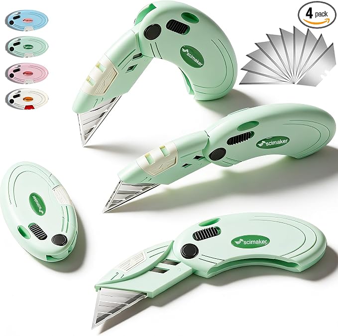 Box Opener with 10 Extra Blades,Mini Box Cutter with Button Lock Mechanism,Razor Blades Utility Knife for Opening Daily Express Boxes, Packages, Envelopes,Paper tapes.Green,4 Pcs.