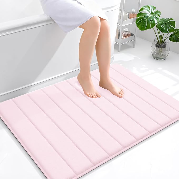 OLANLY Memory Foam Bath Mat 40x32, Super Soft Absorbent Bathroom Rugs, Quick Dry, Machine Washable Shower Floor Rugs, Bathmat Carpet, Bathroom Home Decor Accessories, Pink