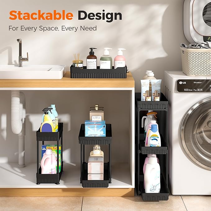 Sevenblue 3 Pack Under Sink Organizer, 2 Tier Pull Out Bathroom Cabinet Organizer, Multi-Purpose Storage Shelf for Kitchen (2-Tier Sliding, 14.8 Inch)
