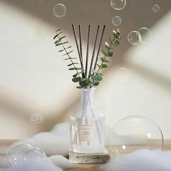 COCORRÍNA Light Cotton Reed Diffuser – 6.76 oz Essential Oil with 8 Reeds & Real Eucalyptus Sticks, Home Fragrance for Bedroom or Bathroom Décor