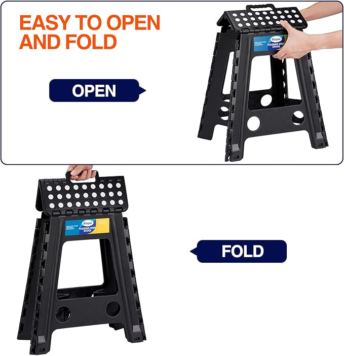 Korpai 18" Folding Step Stool for Adults and Kids Holds Up to 300 lbs,Non-Slip Folding Stools with Portable Handle, Compact Plastic Foldable Step Stool for Bathroom,Bedroom, Kitchen,Black,1PC
