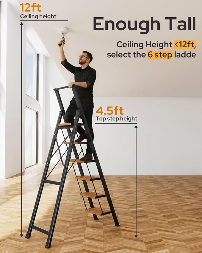 6 Step Ladder for 12 Feet High Ceiling, Lightweight Aluminum Folding Step Stool with Convenient Handgrip, Stepladders with Anti-Slip and Wide Pedal for Home Use Space Saving - Black+Woodgrain