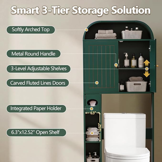LEVNARY 31" Wide Over the Toilet Storage with Toilet Paper Holder, Arched Bathroom Organizer with Fluted Doors, 4-Tier Space Saving Freestanding Cabinet with Adjustable Shelves (Green)