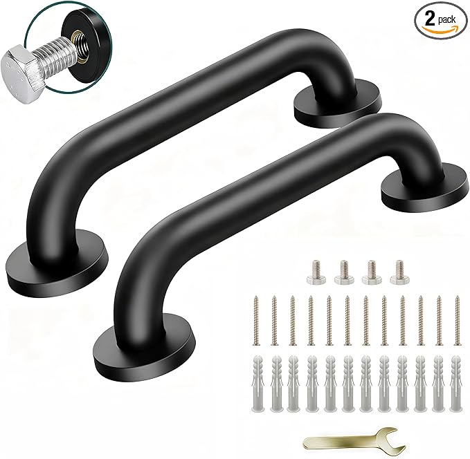12 Inch Black Stainless Steel Handrail, Safety Grab Bars for Wall, Handicap Grab Bars for Bathroom, Shower, Toilet, RV Handrail, Hand Rails for Indoor Stairs, Stair Railing Indoor & Outdoor (2 Pack)