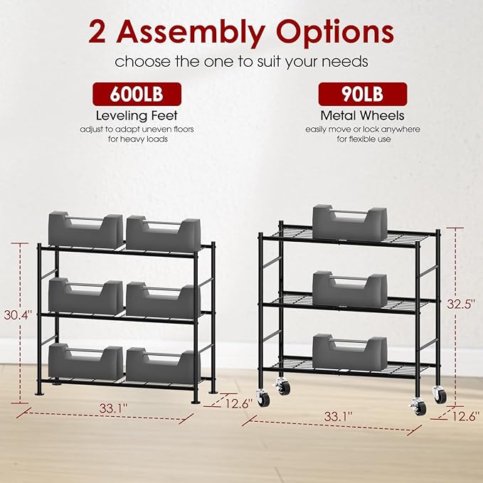 Sakugi Storage Shelves Organizer - 3 Tier Metal Shelf Organizer with Metal Wheels and Adjustable Leveling Feet, Heavy Duty Garage Shelving for Kitchen, Pantry and Closet, 33.1"x12.6"x32.5", Black
