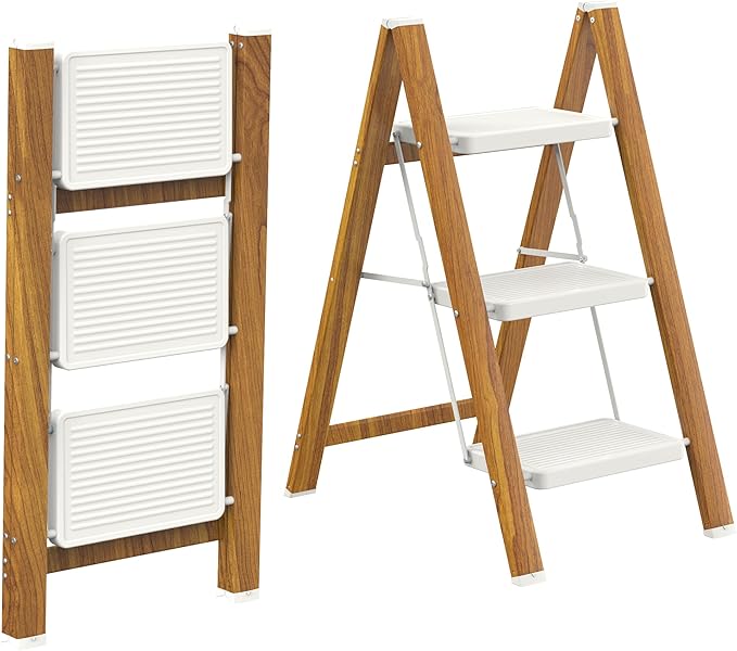 HBTower Step Ladder,Lightweight Aluminum Folding Step Stool with Anti-Slip Wide Pedal,330lbs Capacity Step Ladder for Household,Kitchen,Office - WhiteWoodgrain