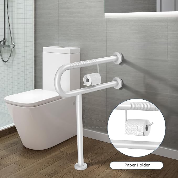 Toilet Grab Bar with Leg 24x28 Inch, ZUEXT White Knurled Toilet Support Bar with Toilet Paper Holder, Stainless Steel Wall & Floor Mounted Bathroom Support Rail for Seniors Elderly Disabled Pregnant
