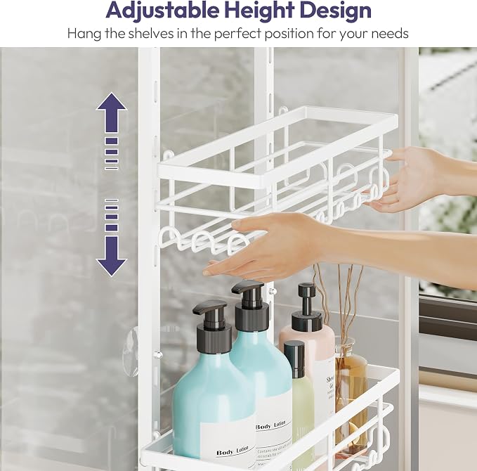 SWTYMIKI Over The Door Shower Caddy - 3 Tier Rustproof Hanging Shower Organizer with Adjustable Shelves, 28 Hooks & Soap Holder, Hanging Shower Rack Storage for Bathroom Accessories, White