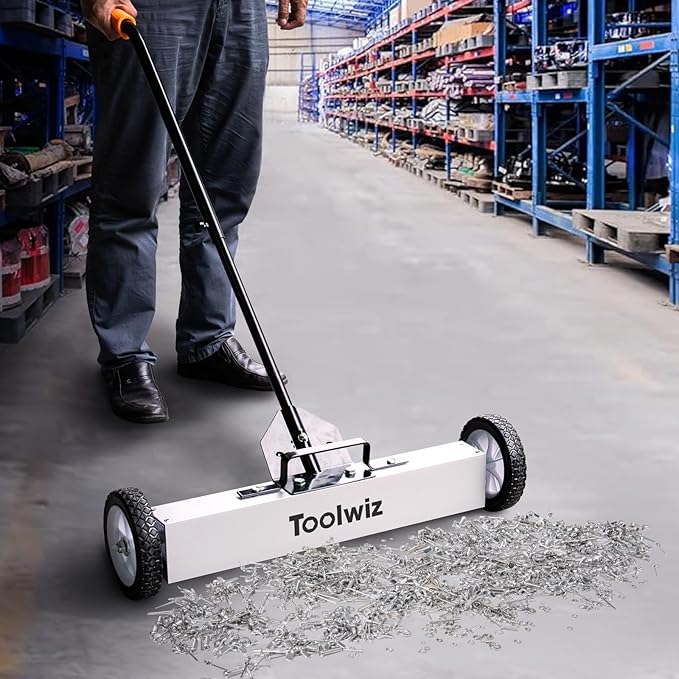 Toolwiz Magnetic Pick Up Sweeper with Wheels 24-inch Large Magnet Pickup Lawn Sweeper Roofing Tools, 33Lbs Yard Tools with Telescoping Holder and Quick Release Latch for Heavy Duty Metal Clean up