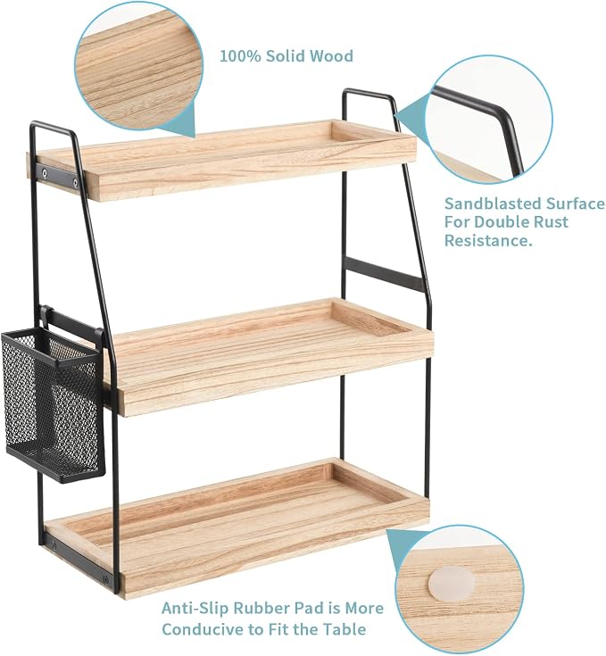 Bathroom Counter Organizer, 3-Tier Standing Storage Shelf with Basket, Wood Tray for Skincare Vanity Organizer