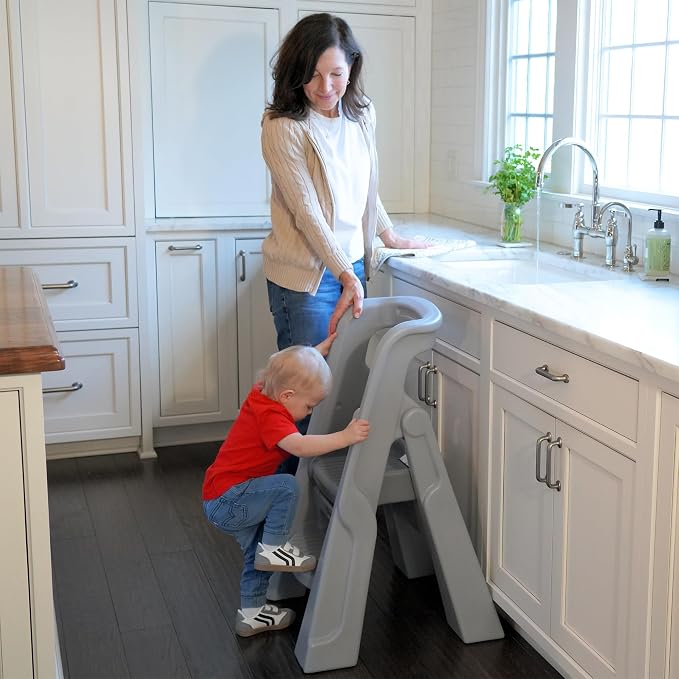 Simplay3 Toddler Tower, Montessori Folding Kids Step Stool for Kitchen, Bathroom, 34" x 21.5" x 20", Ages 18 Months to 4 Years, Gray