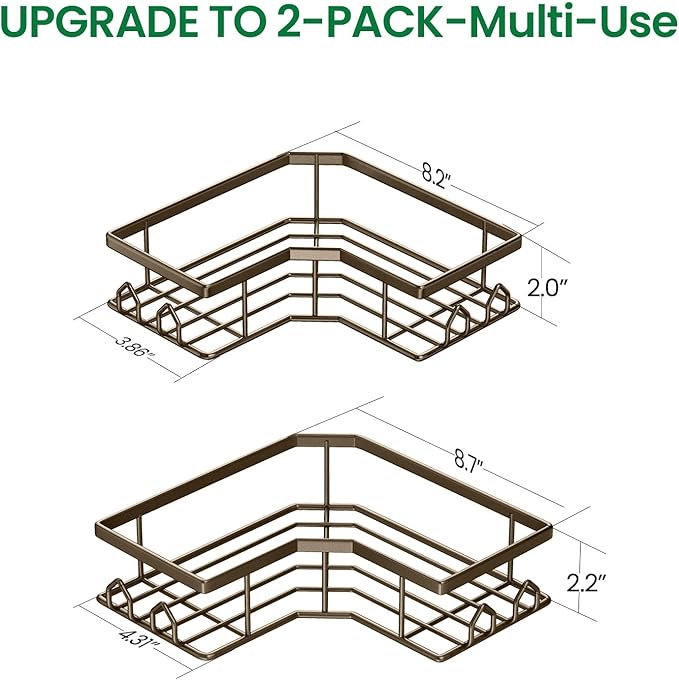 Adhesive Shower Caddy, 2 Pack Corner Bath Organizer, Rustproof Stainless Steel Shower Shelves with Large Capacity, No Drilling Shelves for Bathroom Storage, Home, Kitchen Decor (Brown).