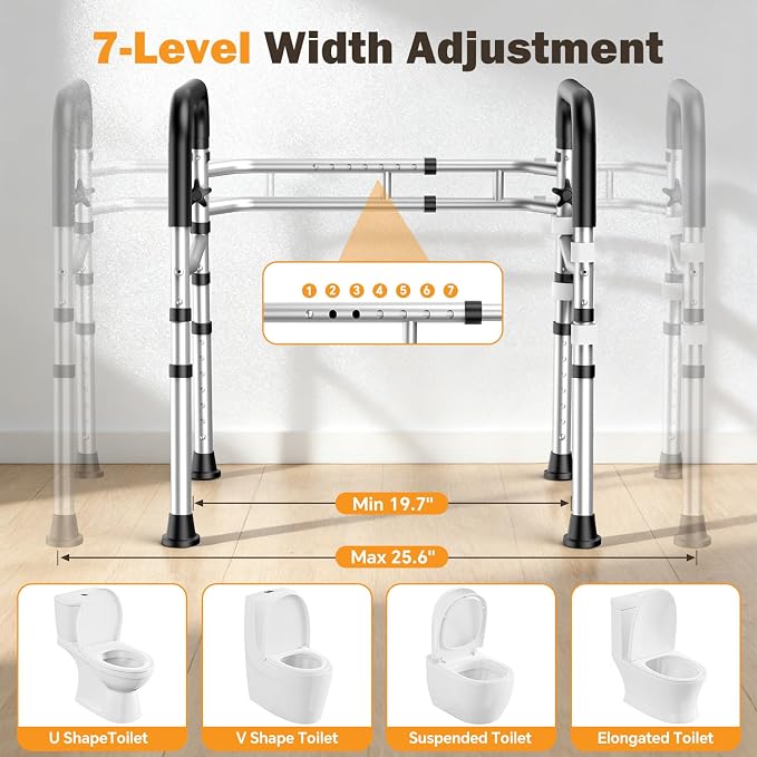 Toilet Safety Rails for Seniors, Adjustable Height & Width Toilet Safety Frame with Handles (350LB Capacity), Elderly Assistance Products for Handicapped, Foldable Toilet Bars Fits Any Toilet