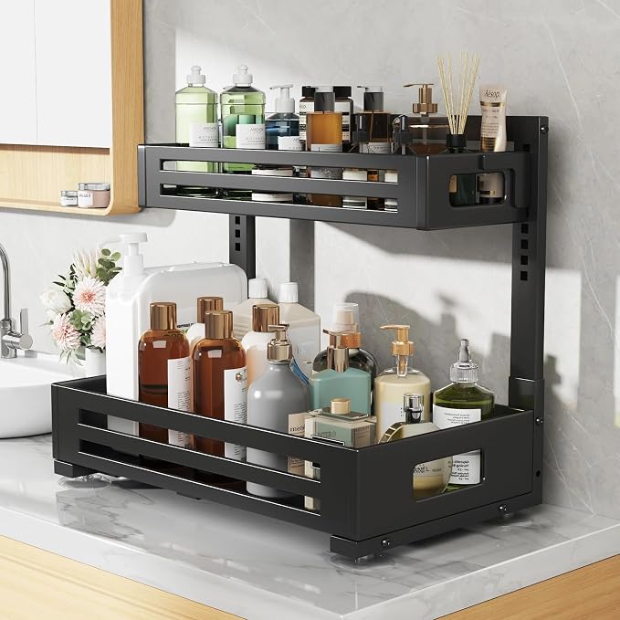 2 Pack 17IN-Depth Under Sink Organizer,Pull Out Cabinet Organizer With Smooth Cylindrical Rail,Metal Slide Out Drawer for Kitchen Bathroom Laundry,8-Level Tool Free Height Adjustable-Gun Gray
