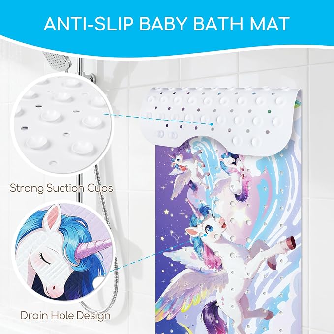 Baby Bath Mat for Tub, Non Slip Kids Bath Shower Mat, 40 X 16 Inch Large Bathtub Mat with Drain Holes and Suction Cups for Toddlers, Machine Washable and Waterproof (Unicorn)