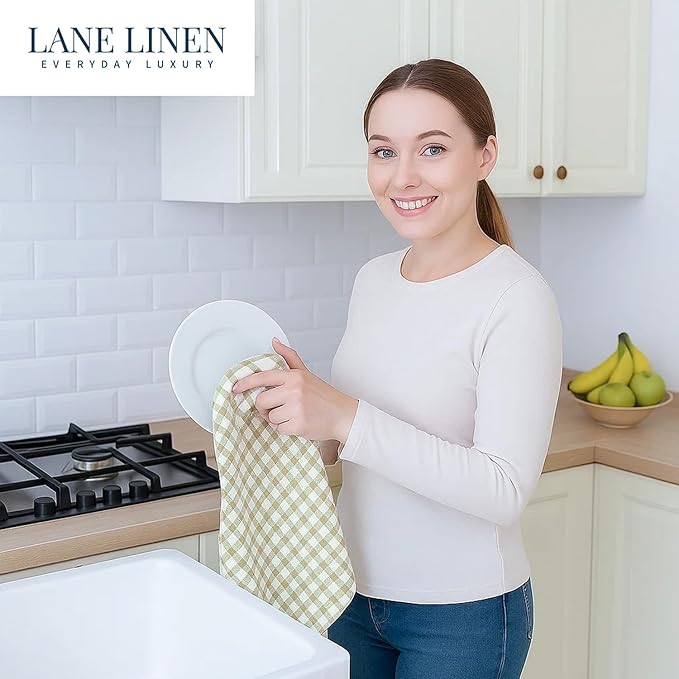 LANE LINEN Cotton Kitchen Towels Set, 4-Pack – Absorbent, Quick-Drying, Premium Dish Towels, Tea Towels, 18" x 28" - Beige