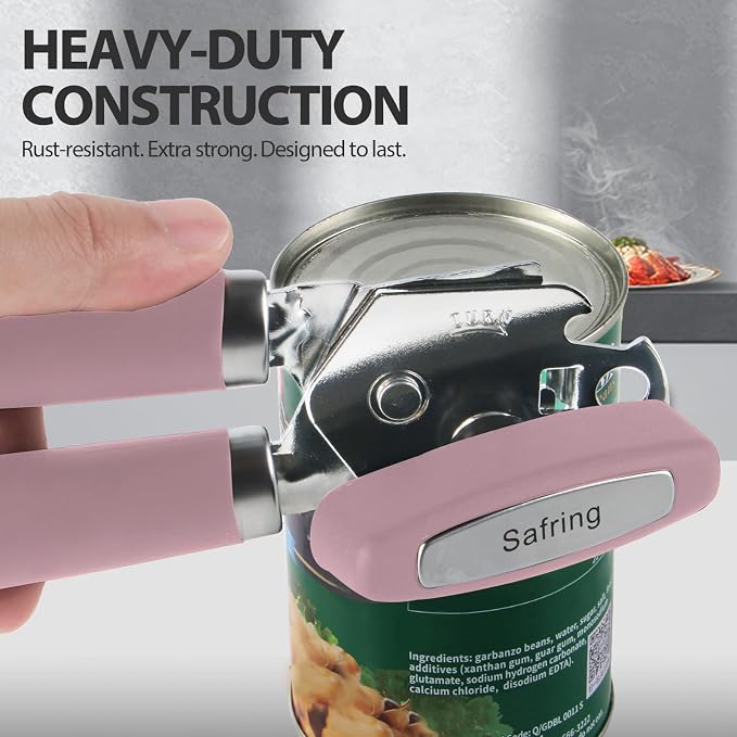 Safring Can Opener Manual, Heavy Duty Handheld Strong Can Opener with Soft Touch Handle, Sharp Blade Smooth Edge, Can Openers with Multifunctional Bottle Opener, Pink