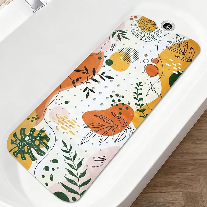 Bathtub Mat Non Slip 40x16In Extra Long Boho Bath Mat for Tub Decorative Bath Tub Mat with Drain Holes Suction Cups Palm Monstera Tropical Bathroom Decor Boho Shower Mats for Inside Shower Orange