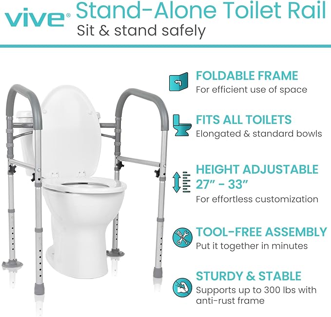 Vive Toilet Safety Rail - Medical Chair for Handicapped & Seniors - Folding Bathroom Frame w/Handles, Arms for Elderly, Disabled - Standalone Grab Bar - Seat Assistance Support Stand Up Assist
