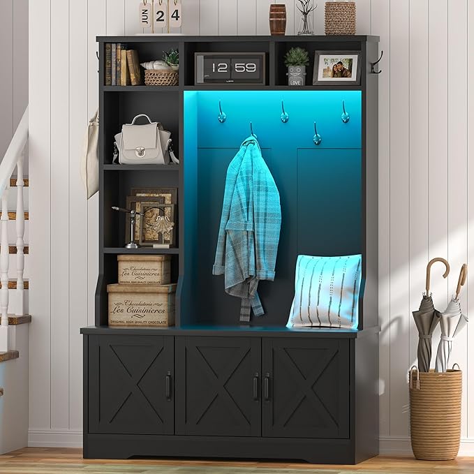CSZZD Hall Tree with Bench and Shoe Storage, Farmhouse Entryway Bench with Coat Racks and Led Lights, Black Tall Hall Tree with 7 Coat Hooks, 6 Storage Cubbies, Adjustable Shelf