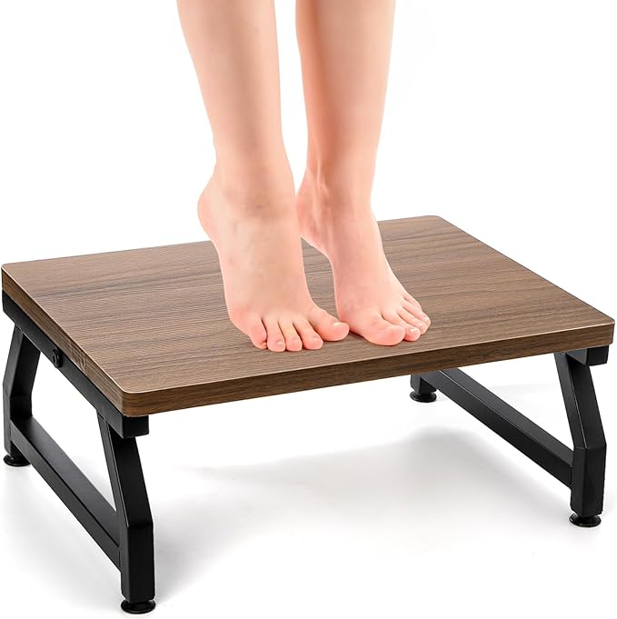 Wooden Step Stool for Adults Seniors, Heavy Duty Stools for High Bed with Adjustable Non-Slip Feet, One Step Foot Stool for Bedroom Living Room Bathroom Kitchen, Hold Up to 220 lb, Brown