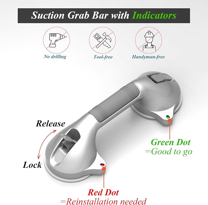 16.5inches Balance Assist Bathroom Shower Handle,Suction Bath Grab Bar with Indicators (Silver/Grey)