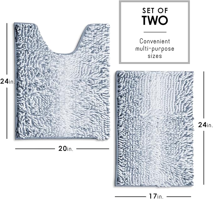 Hearth & Harbor Bathroom Rugs, Chenille Bath Mat - Machine Washable Bath Mats for Bathroom Non-Slip Backing Rubber, Quick Dry Bathroom Mat, 17 x 24 + 20 x 24 - Ombre Blue