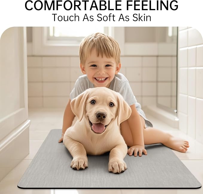 Mecko Bath Mat Rug, Ultra Thin Bathroom Rug -Rubber Non-Slip Quick Dry Absorbent Bath Mat Fit Under Door, Faux Suede Surface Bathroom Floor Mats for Bath, Shower, or Sink (Light Grey,24"x36")