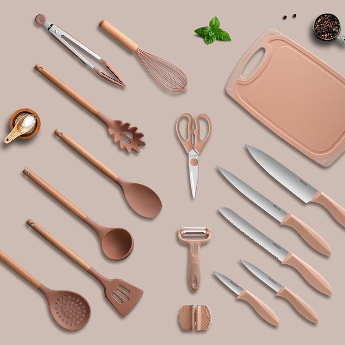 RAXCO Utensil Sets,18-Piece Silicone Cooking Utensils and Knife Set,Mousse | Dishwasher-Safe Kitchen Utensils,Large Capacity Countertop Organizer for Knives,Utensils,Cutting Board