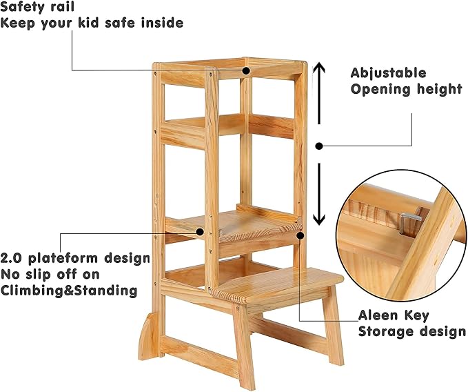 SDADI Mother's Helper Adjustable Height Step Stool Safety Counter Level Learning Toddler Tower for Kitchen and Bathroom, Natural
