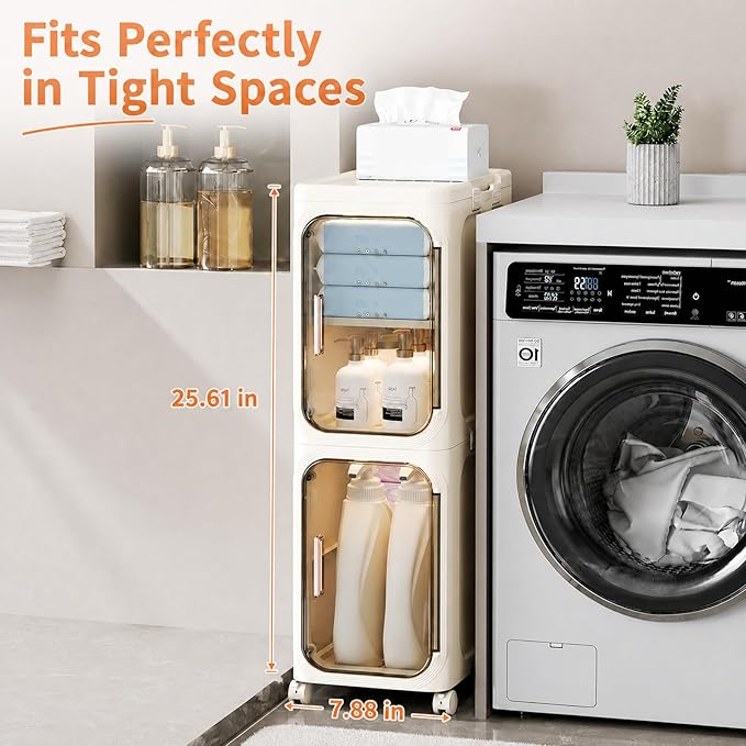 2-Tier Slim Bathroom Storage Cabinet, Narrow Storage Cabinet with Wheels, Adjustable Shelves, Magnetic Doors, Water-Proof, Anti-Tip Skinny Organizer Cabinet for Small Space, Cream White