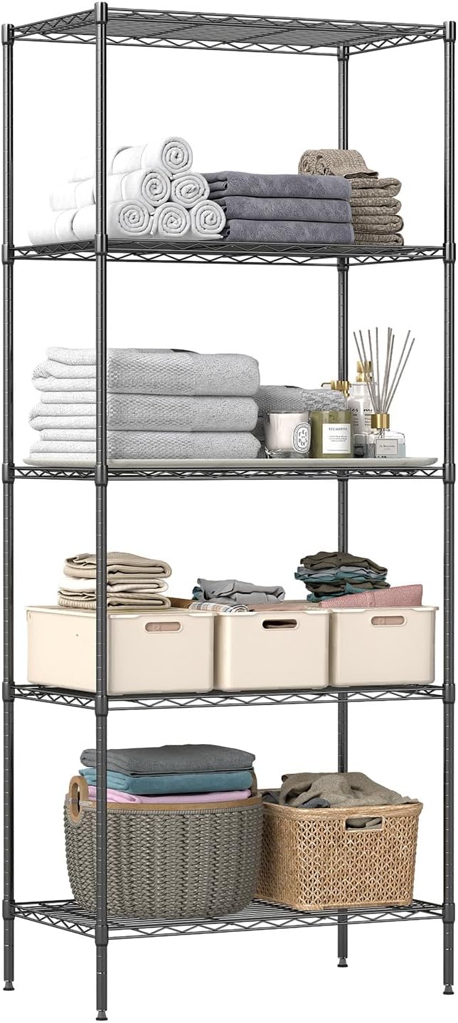 BestOffice | 5-Tier Wire Storage Shelves | 14 x 24 x 60 | Black | with Adjustable Racks | Metal Shelf, Holds Upto 500 lbs | No-Tool Assembly | Ideal for Home & Garage Shelving