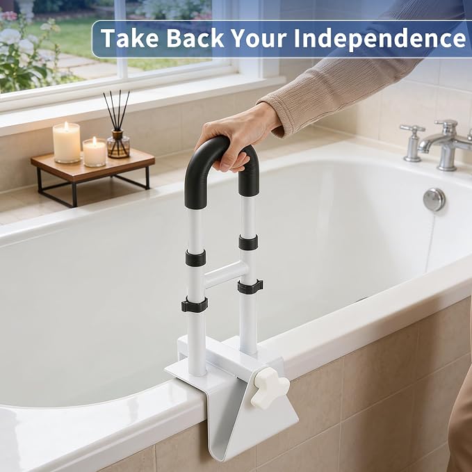 Adjustable Bathtub Grab Bar for Seniors - 3-Level Height Adjustment (13.7"-15.7"), Fits Tub Walls 3"-7", Safety Rail for Elderly & Disabled, Non-Slip Handle for Bathtub,Supports 300 lbs