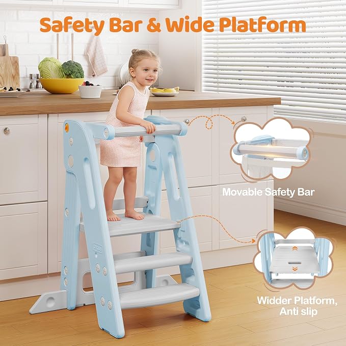 Onasti Adjustable Height Toddler Tower, Space Saving Kids Kitchen Step Stool with Removable Safety Net, Non-Slip Standing Platform for Toddlers 1.5-6 Years-Blue