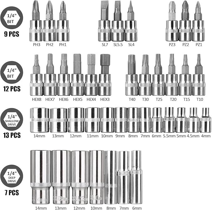 Egofine 53 Pieces 1/4 inch Drive Socket Ratchet Wrench Set with 72 Tooth Reversible Ratchet, with Bit Socket Set and Extension Bar for Auto Repairing and Household, with Storage Case