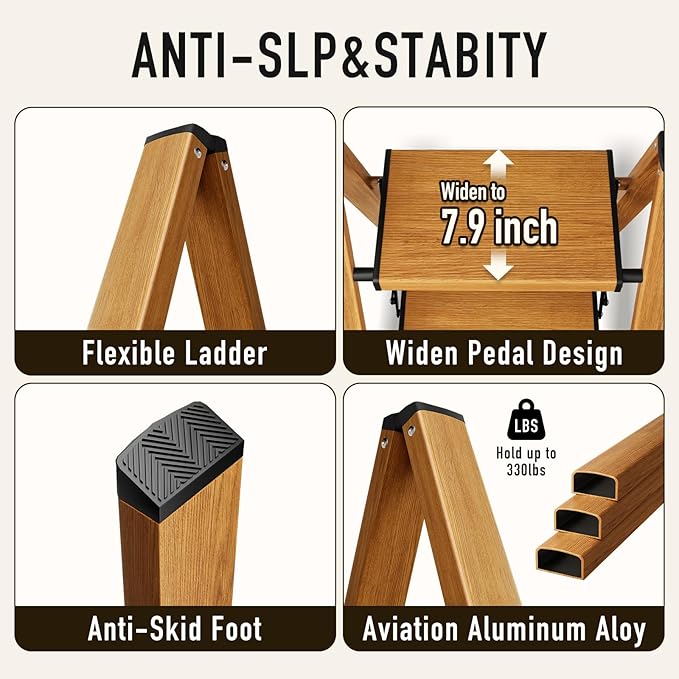 Mayi Plus 3 Step Ladder,Aluminum Folding Step Stool for Adults,Step Ladder with Wide Anti-Slip Pedal,330 lbs Capacity for Home,Office,Kitchen,Library(Woodgrain)