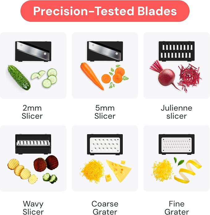 Fullstar Mandoline Slicer for Kitchen, Fruit Cutter, Cheese Grater, Cucumber Slicer, Veggie Spiralizer, Food Cutter & Kitchen Gadgets & Gifts with Safety Glove (6 in 1, Black)